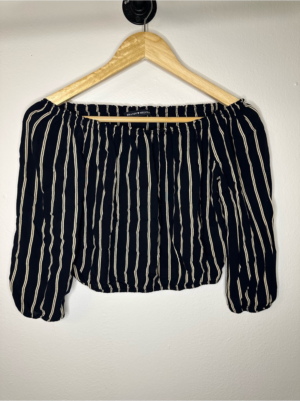 Brandy Melville Black and Cream Striped Off-the-Shoulder Blouse